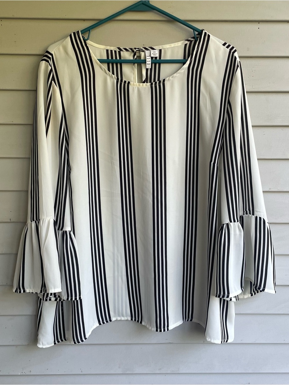 Elle Black and White Vertical Stripe Bell-Sleeve Blouse